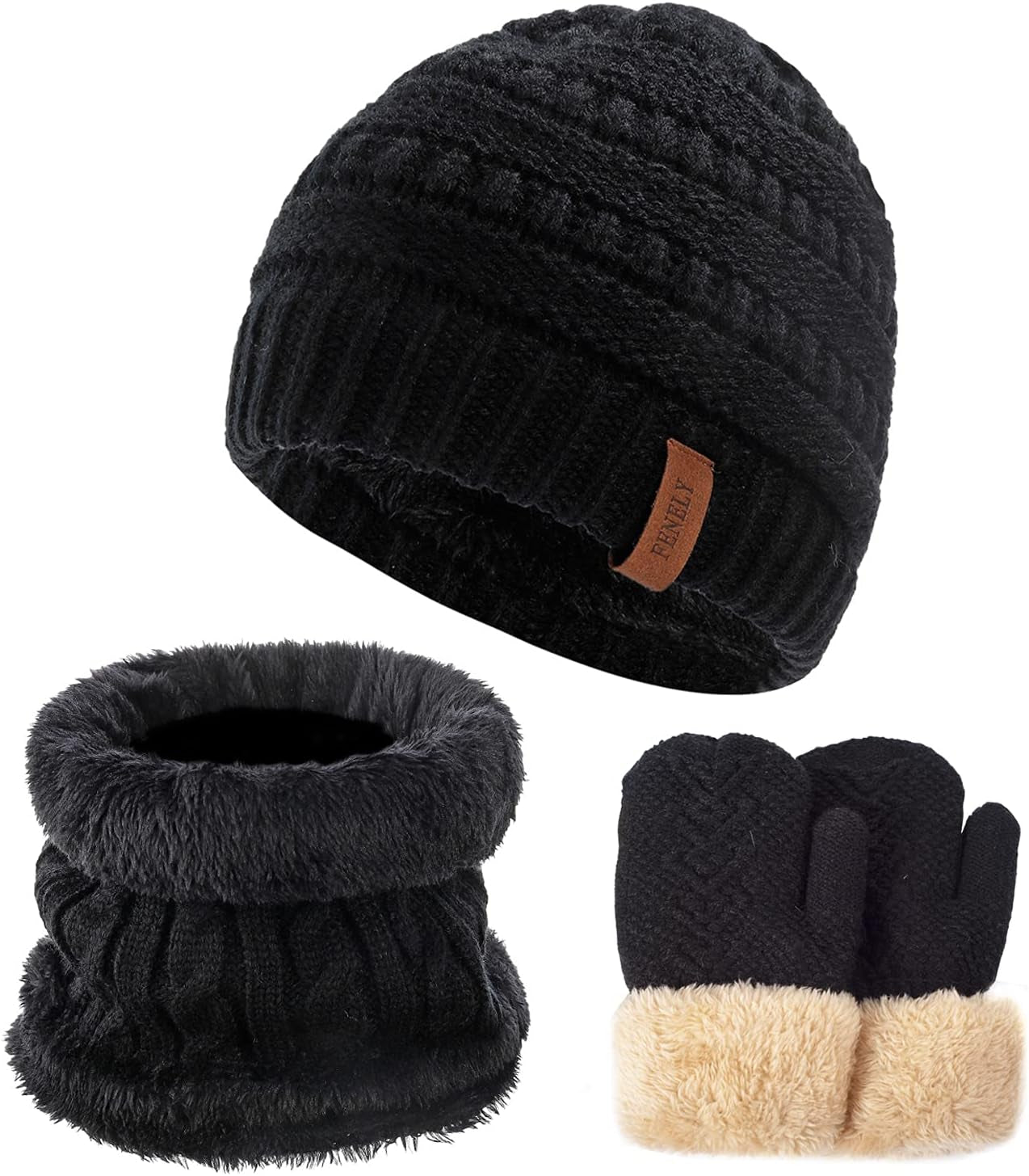 3Pcs Kids Winter Beanie Hat Scarf Gloves Set for 2-6-10-14 Years Old Boys Girls, Knit Thick Warm Fleece Lined Thermal Sets