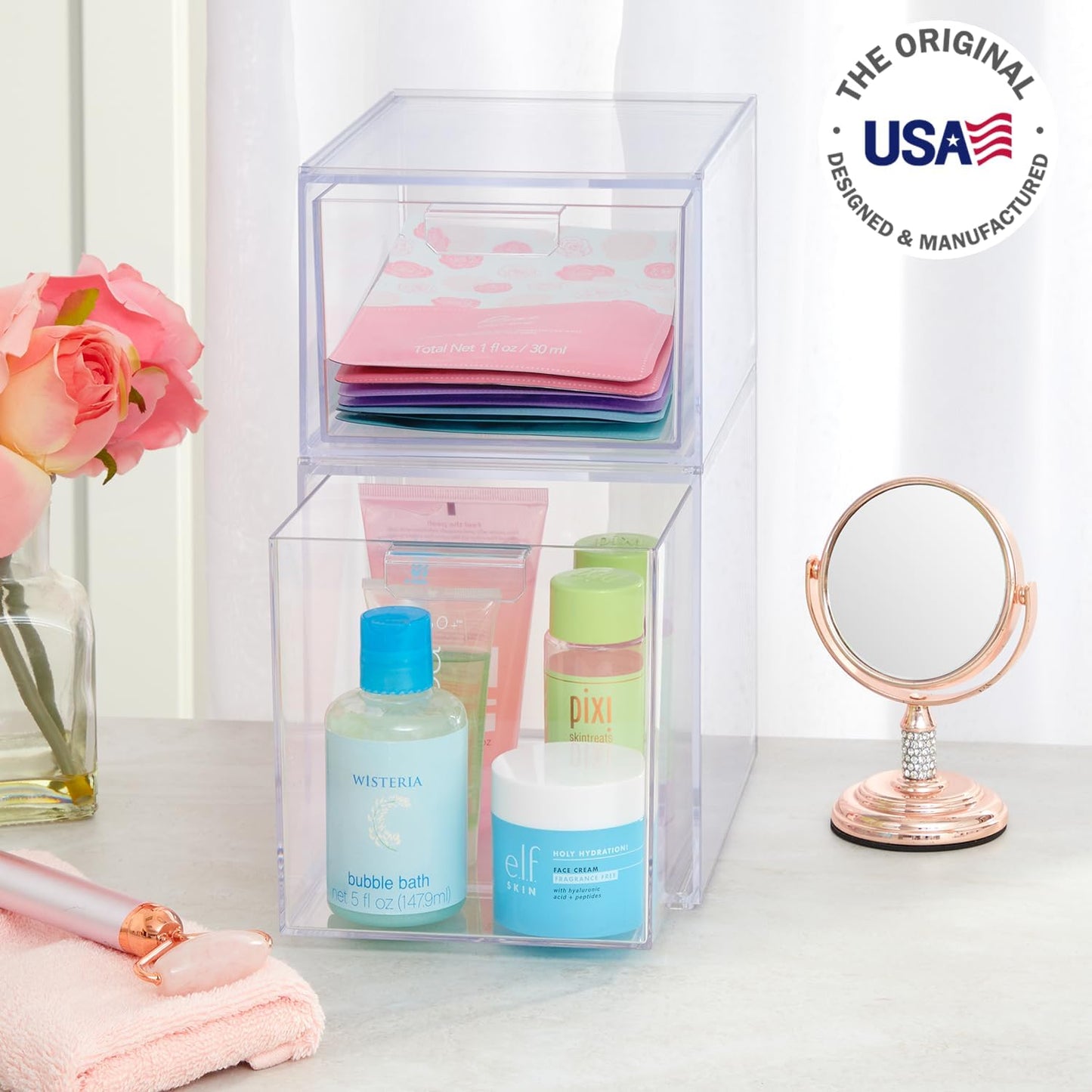 Audrey Stackable Clear Bin Plastic Organizer Drawers | 2 Piece Set | Organize Cosmetics and Beauty Supplies on a Vanity | Made in USA