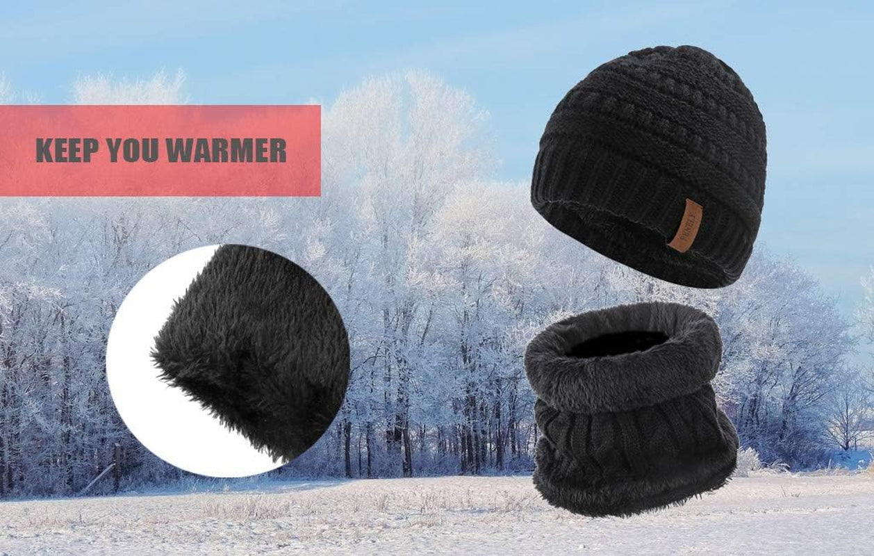 3Pcs Kids Winter Beanie Hat Scarf Gloves Set for 2-6-10-14 Years Old Boys Girls, Knit Thick Warm Fleece Lined Thermal Sets