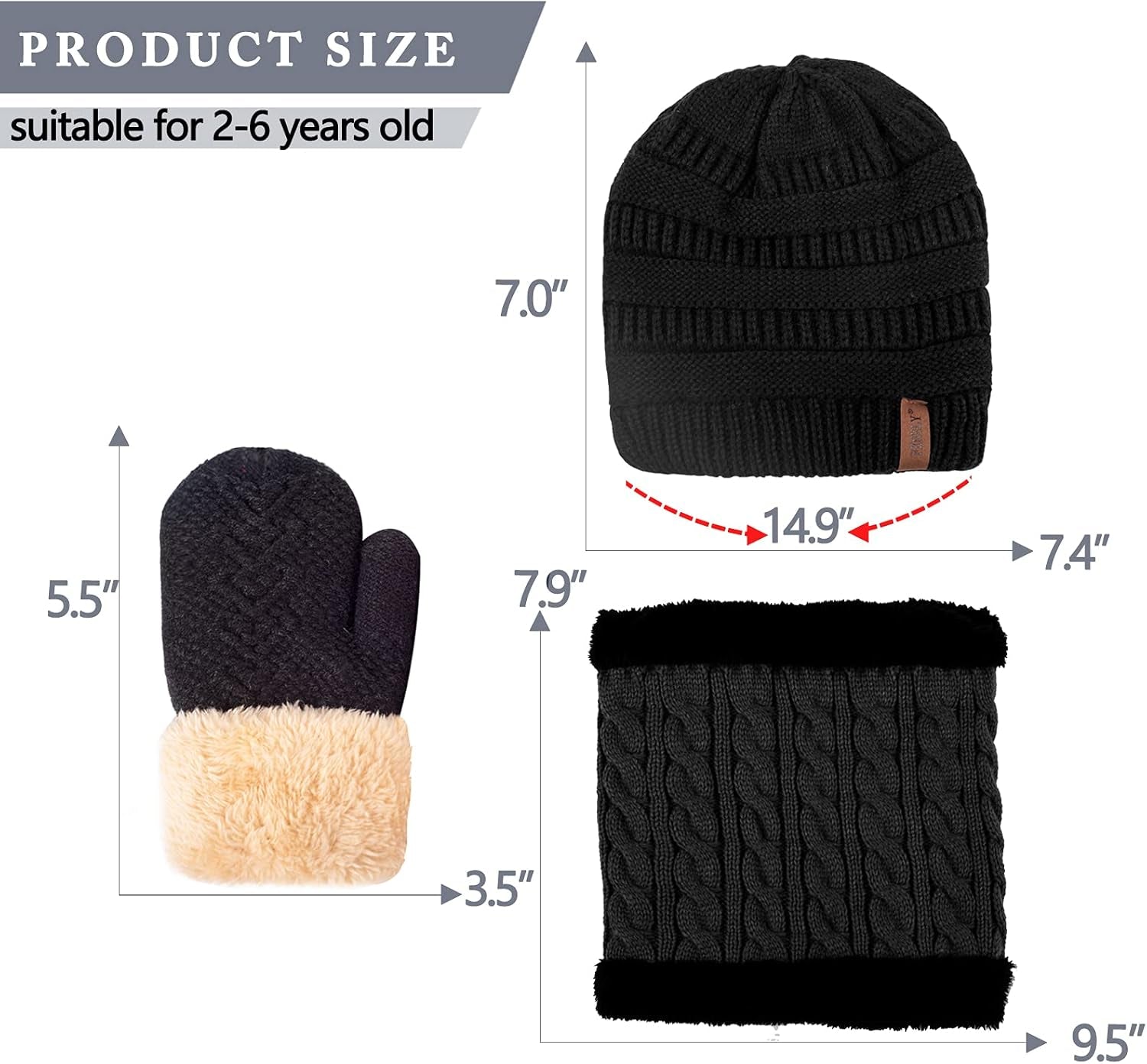 3Pcs Kids Winter Beanie Hat Scarf Gloves Set for 2-6-10-14 Years Old Boys Girls, Knit Thick Warm Fleece Lined Thermal Sets