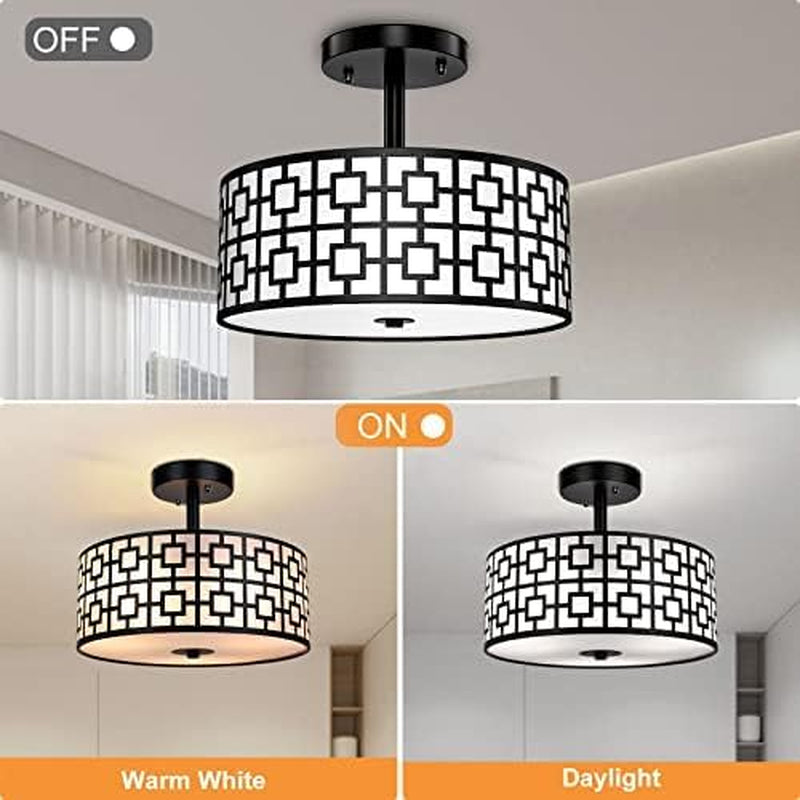 DLLT Flush Mount Ceiling Light: Semi-Flush Mount Light Fixture for Dining Room - Drum Ceiling Fixuture for Bedroom Kitchen Hallway - 3-Lights Modern Black Ceiling Lamp