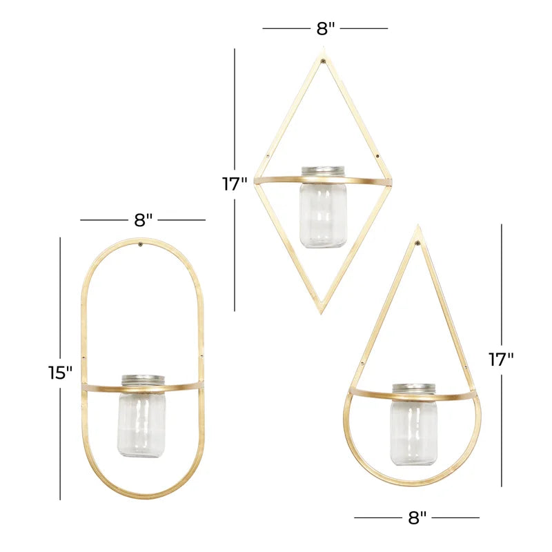 Metal Geometric Indoor Outdoor Gold Wall Planter with Glass Holder Set