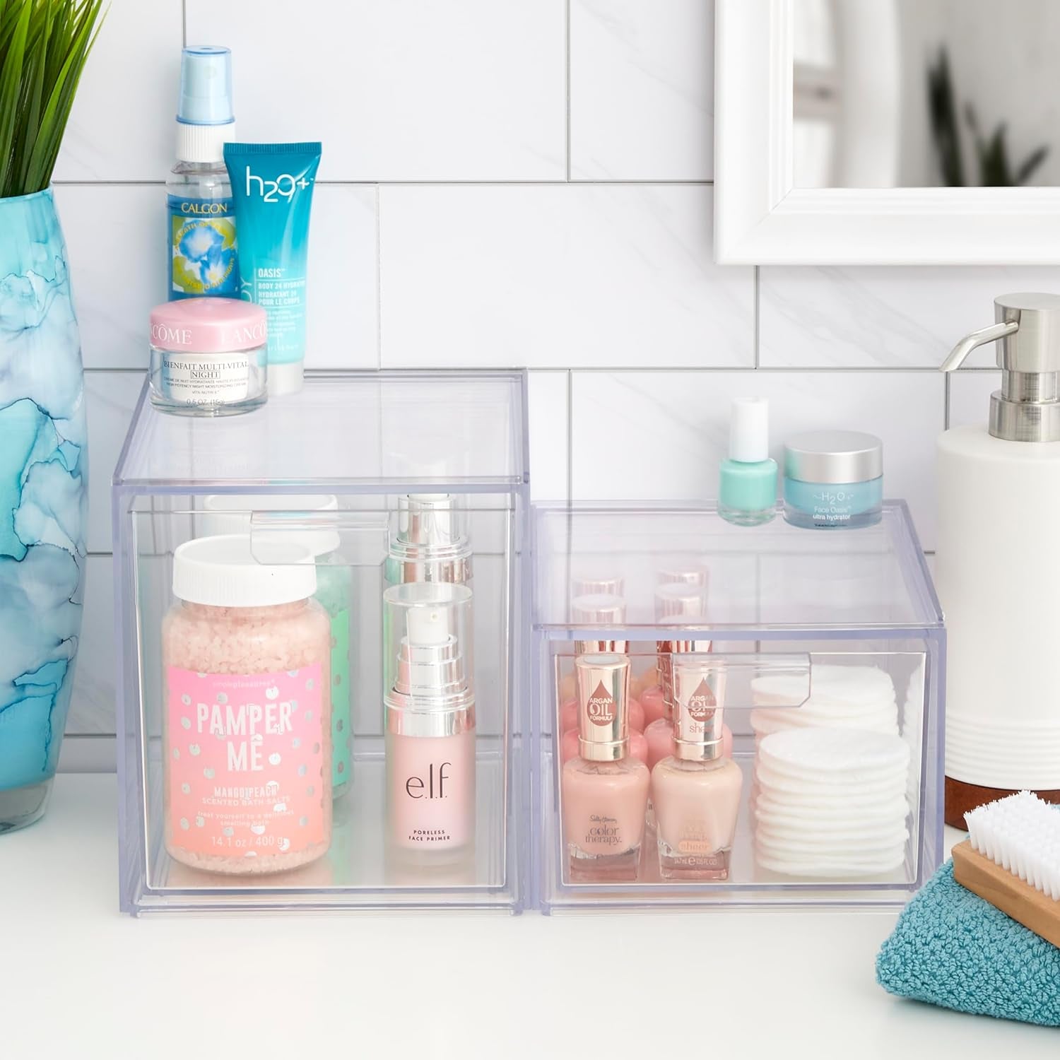 Audrey Stackable Clear Bin Plastic Organizer Drawers | 2 Piece Set | Organize Cosmetics and Beauty Supplies on a Vanity | Made in USA