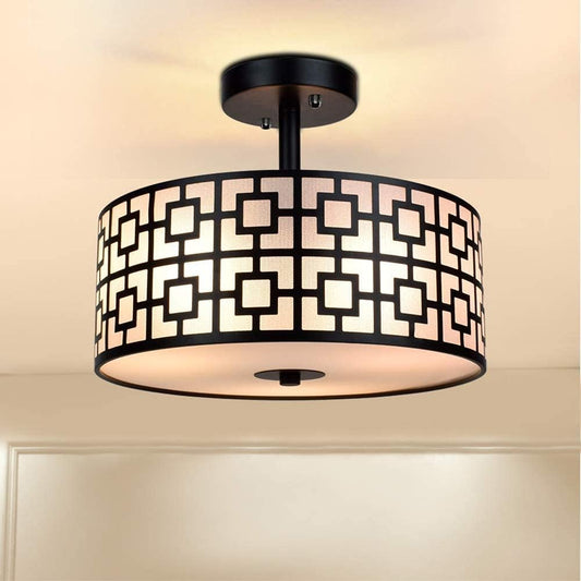 DLLT Flush Mount Ceiling Light: Semi-Flush Mount Light Fixture for Dining Room - Drum Ceiling Fixuture for Bedroom Kitchen Hallway - 3-Lights Modern Black Ceiling Lamp