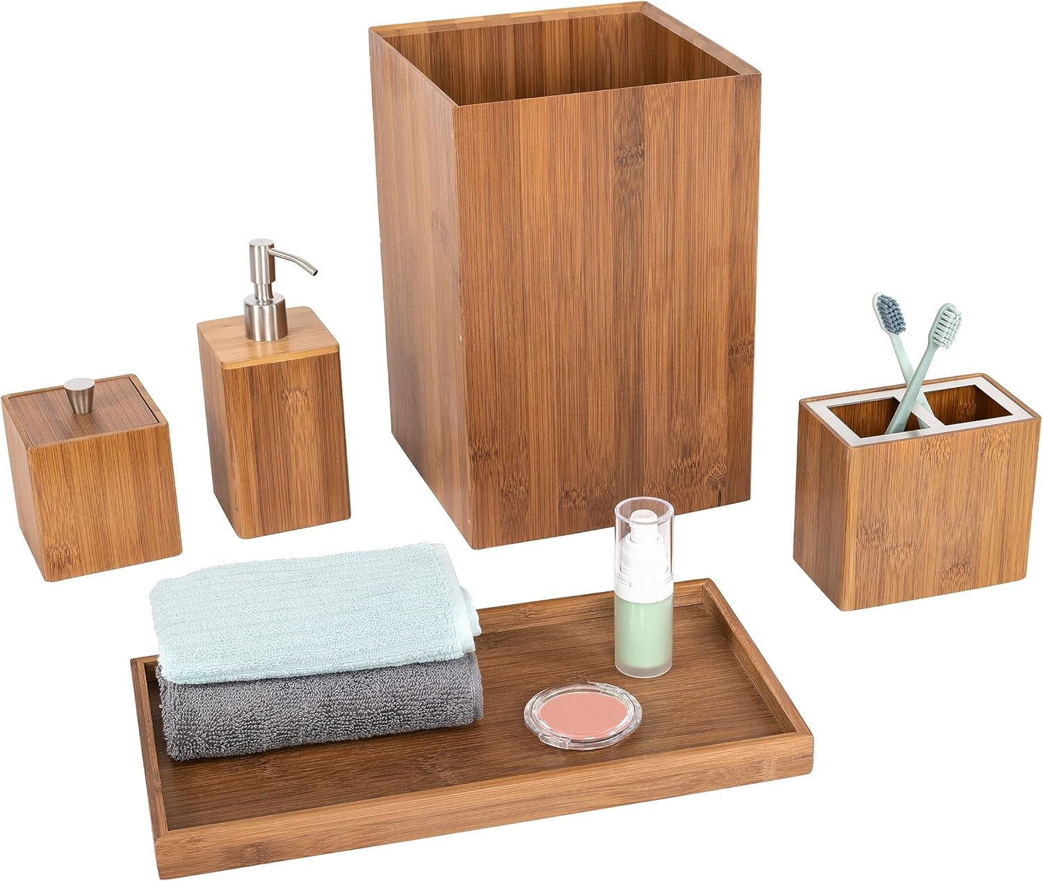 Bamboo Eco-Conscious Bathroom Vanity Organizer Set Kitchen Home over the Sink Trash Bin, Soap, Cotton Ball Holder, Towel Tray, 5 Piece, Bamboo