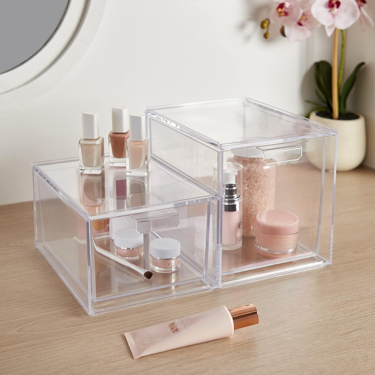 Audrey Stackable Clear Bin Plastic Organizer Drawers | 2 Piece Set | Organize Cosmetics and Beauty Supplies on a Vanity | Made in USA