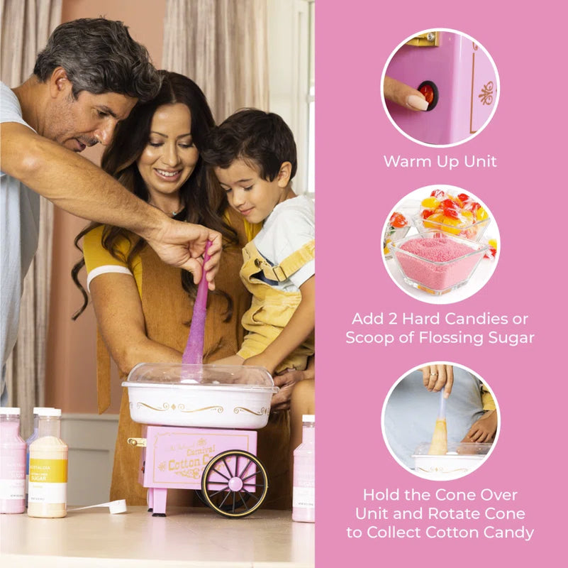 Retro Countertop Cotton Candy Machine, Includes 2 Reusable Cones & Scoop