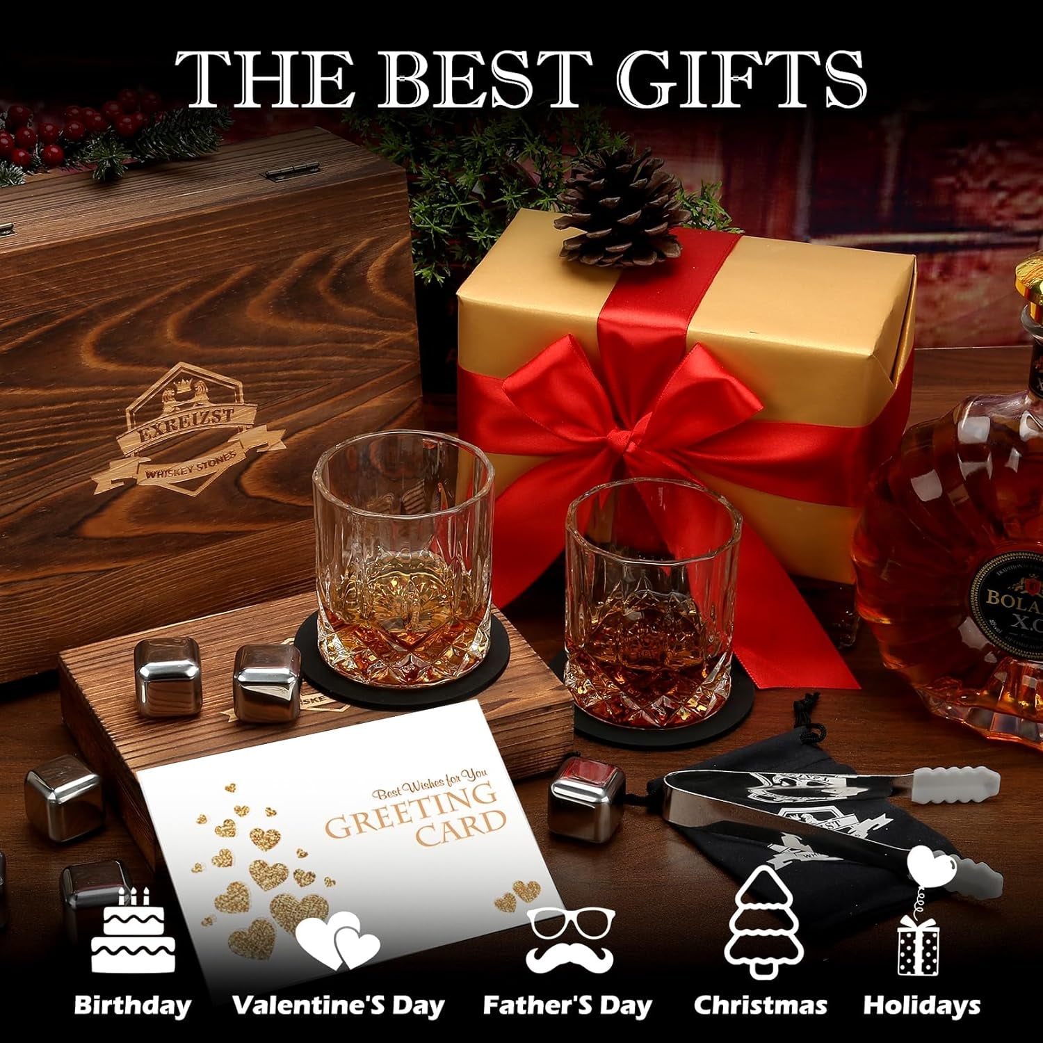 Whiskey Stones Glass Gifts Set, Boss Day Gifts for Men Him, Stainless Steel Scotch Bourbon Whiskey Glasses Gift Box Set - Best Drinking Gifts for Men Dad Husband Birthday for Boss