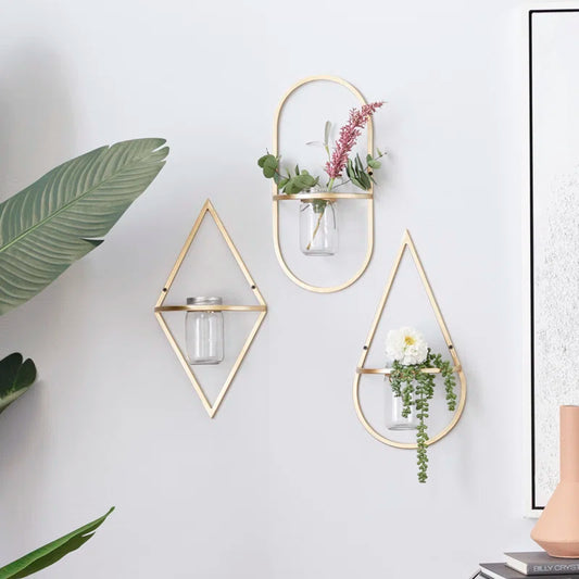 Metal Geometric Indoor Outdoor Gold Wall Planter with Glass Holder Set