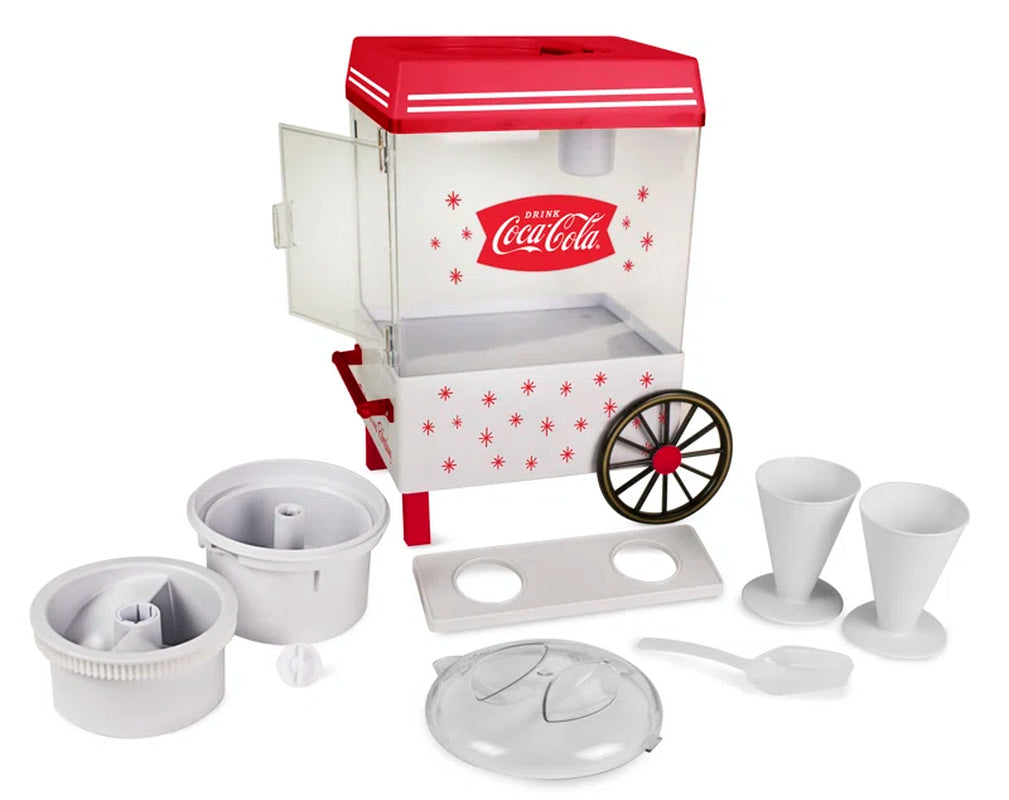 Coca-Cola Countertop Snow Cone Maker Makes 20 Icy Treats, Includes 2 Reusable Plastic Cups & Ice Scoop