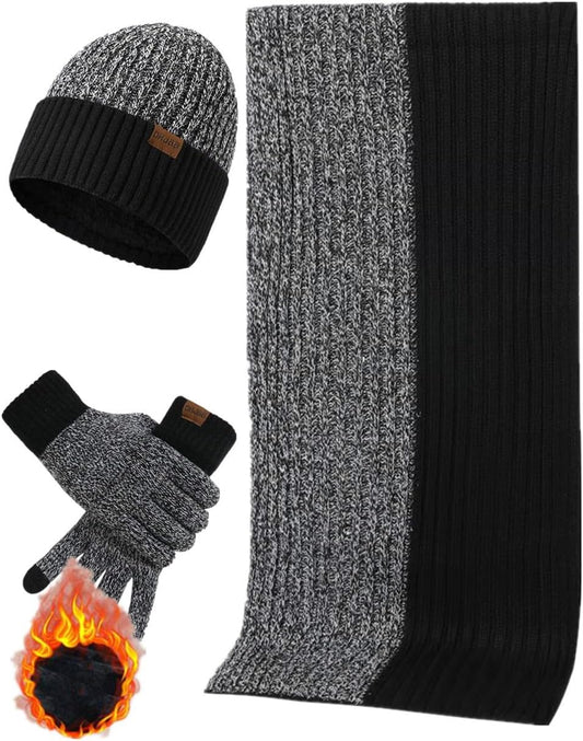 Mens Winter Scarf Hats and Gloves Set Knit Beanie Hat Warmer Scarf and Touchscreen Gloves 3 Pcs for Men