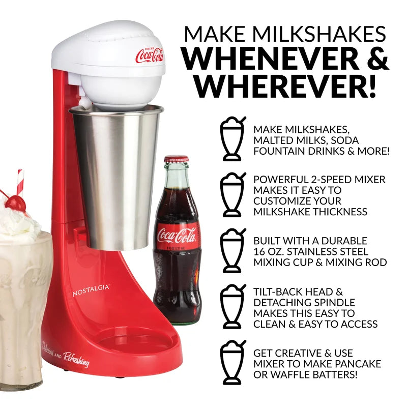 Two-Speed Electric Coca-Cola Limited Edition Milkshake Maker and Drink Mixer, Includes 16-Ounce Stainless Steel Mixing Cup & Rod