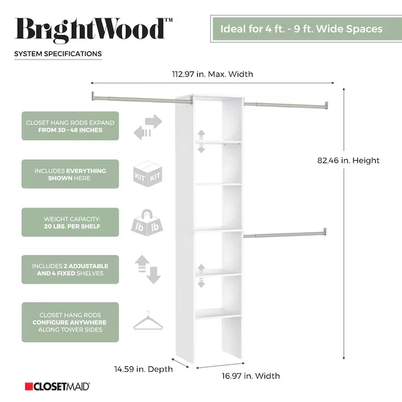 Brightwood 4-Ft to 9-Ft W X 6.85-Ft H White Solid Shelving Wood Closet System