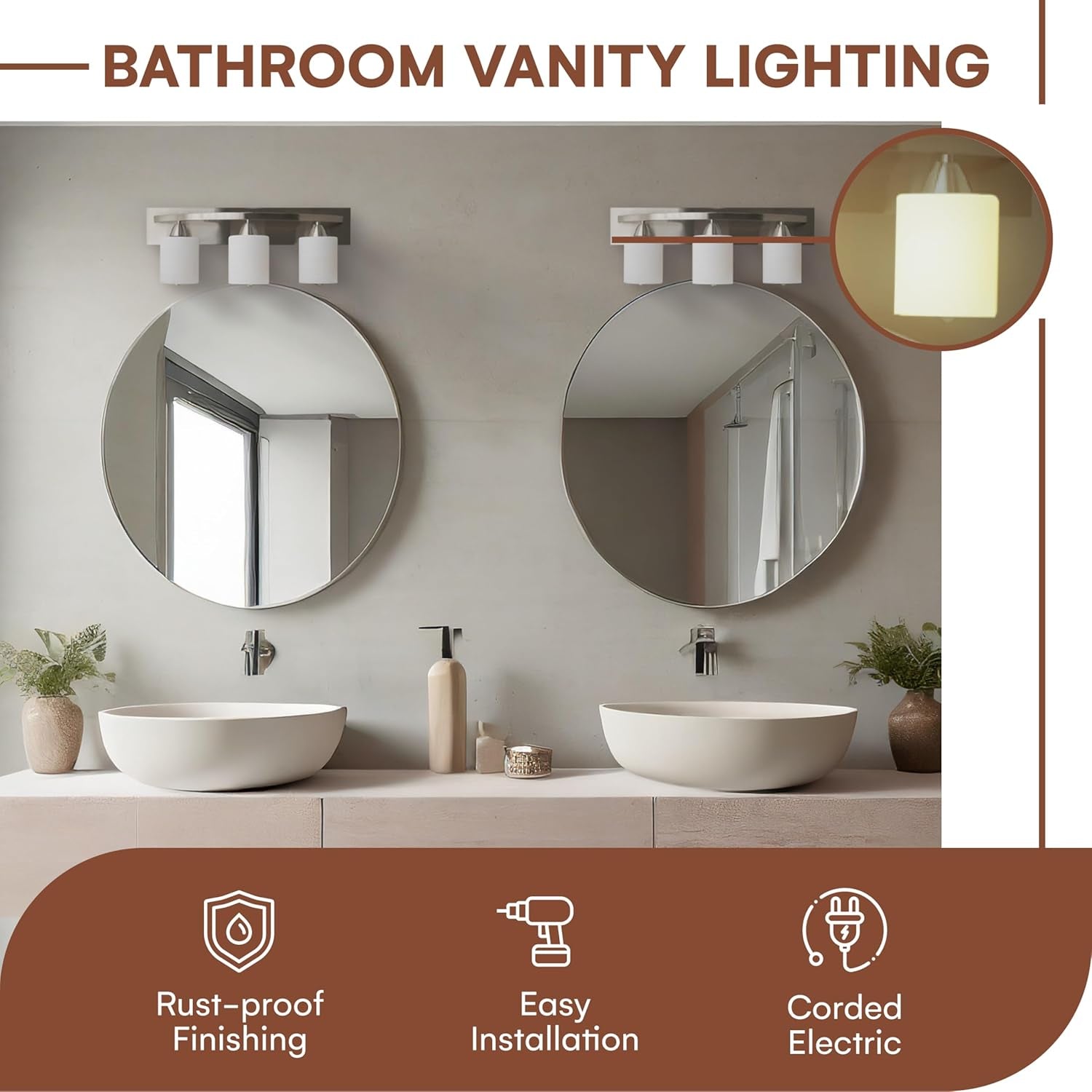 Bathroom Vanity Light Fixture | Interior Bathroom Lighting Bar with Modern Milk Glass Shade | Bathroom Lights over Mirror | Brushed Nickel, 3 Lights, E26 100W LED, Bulbs Not Included