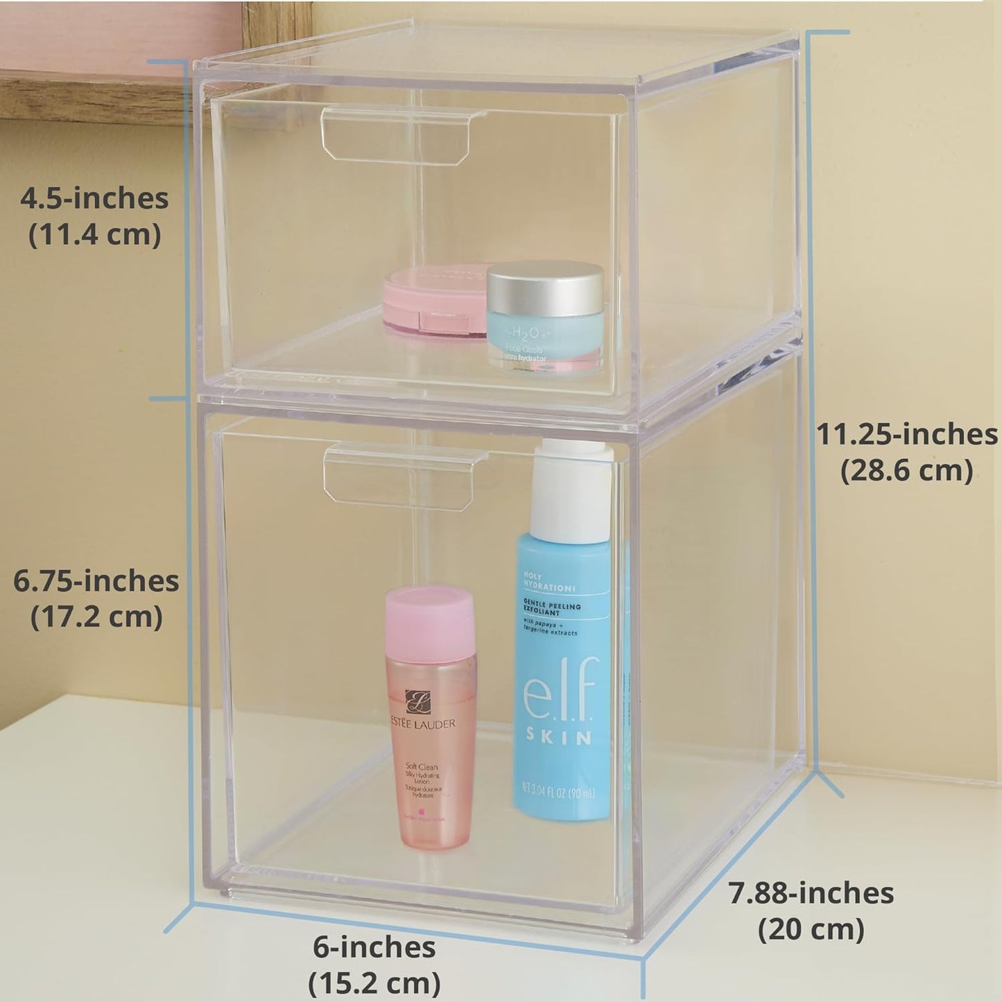 Audrey Stackable Clear Bin Plastic Organizer Drawers | 2 Piece Set | Organize Cosmetics and Beauty Supplies on a Vanity | Made in USA