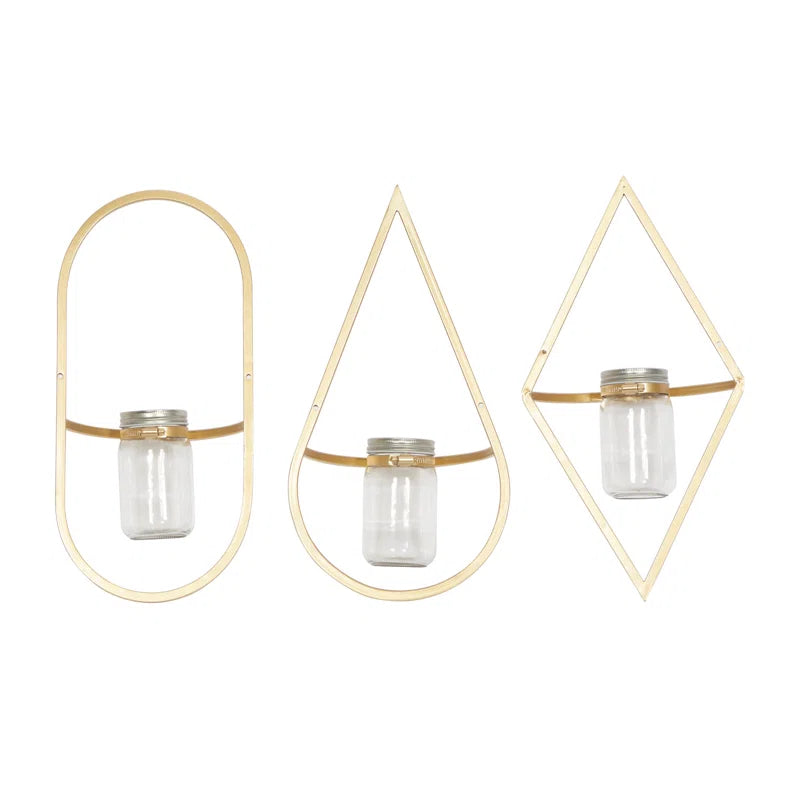 Metal Geometric Indoor Outdoor Gold Wall Planter with Glass Holder Set