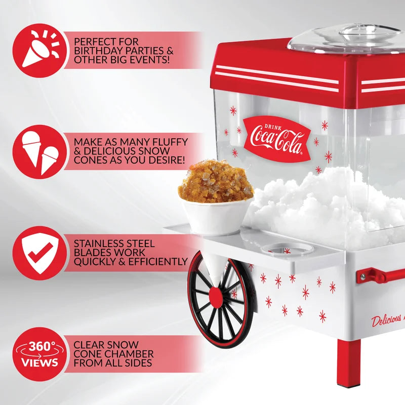 Coca-Cola Countertop Snow Cone Maker Makes 20 Icy Treats, Includes 2 Reusable Plastic Cups & Ice Scoop