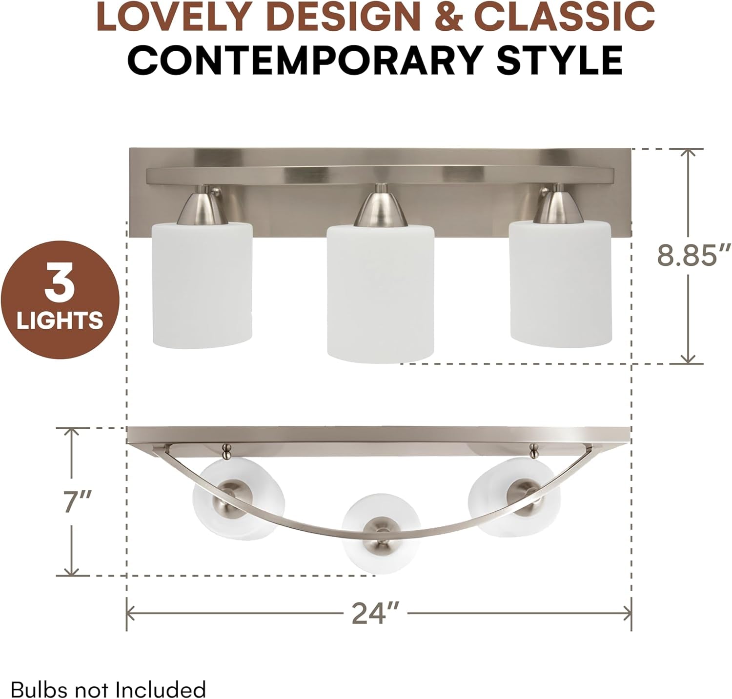 Bathroom Vanity Light Fixture | Interior Bathroom Lighting Bar with Modern Milk Glass Shade | Bathroom Lights over Mirror | Brushed Nickel, 3 Lights, E26 100W LED, Bulbs Not Included