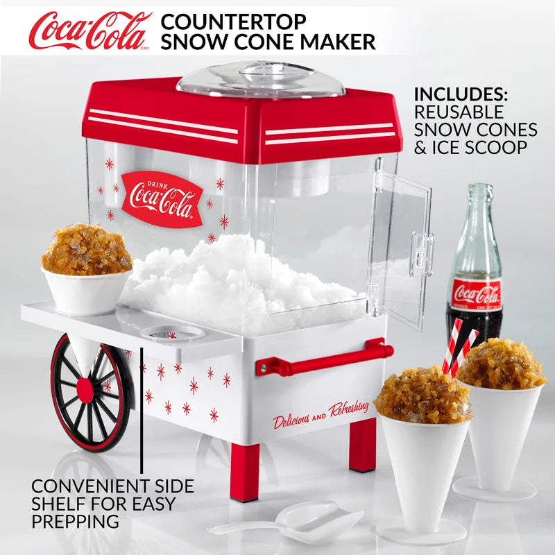 Coca-Cola Countertop Snow Cone Maker Makes 20 Icy Treats, Includes 2 Reusable Plastic Cups & Ice Scoop