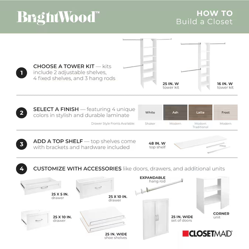 Brightwood 4-Ft to 9-Ft W X 6.85-Ft H White Solid Shelving Wood Closet System